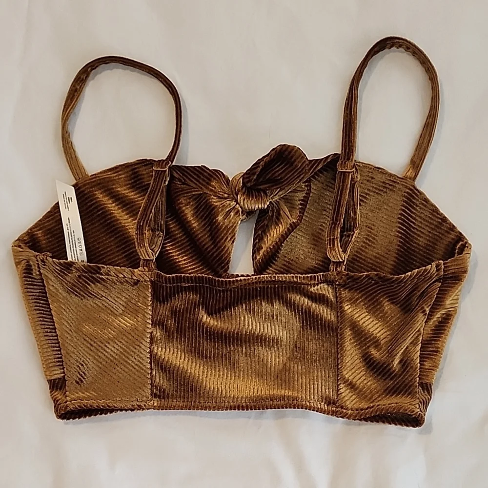 Free People Golden Brown Velvet Tie Front Crop Top - Picture 6 of 7